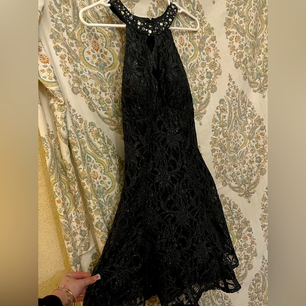 Black Lace Halter Dress with Beaded Neckline